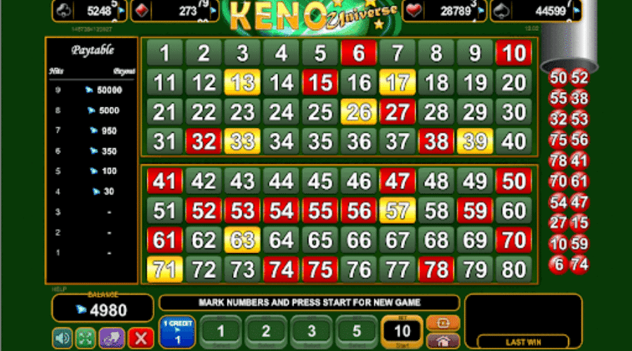 A typical Keno screen that you might see when playing online.